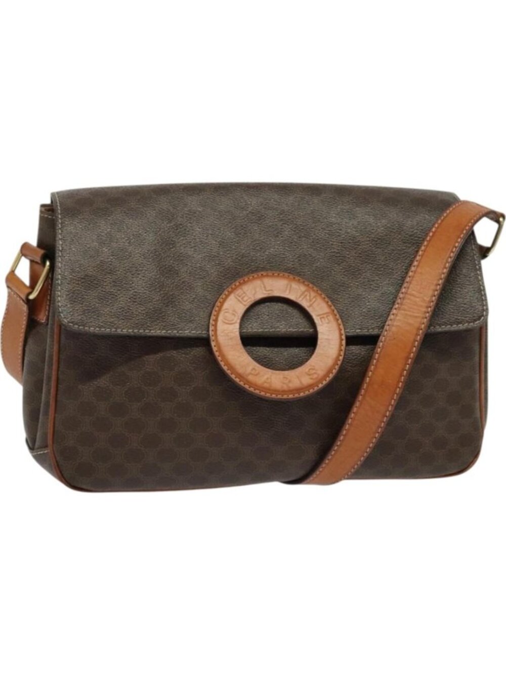 CELINE Macadam Canvas Shoulder Bag PVC Leather Brown Gold